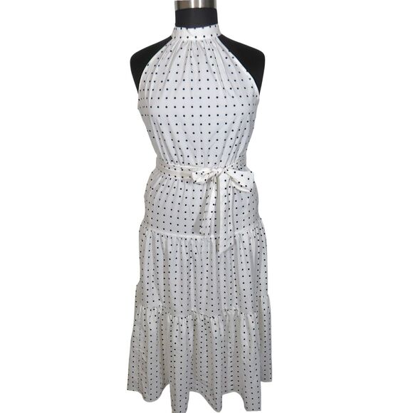 HALARA Dresses & Skirts - Halara White Black Polka Dot Tiered Flowy Halter Midi Dress Size Large